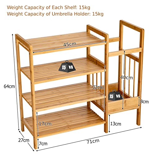 COSTWAY 4-Tier Bamboo Shoe Rack with Umbrella Holder, Freestanding Wooden Shoe Shelf Storage Stand, Home Hallway Entryway Shoes Organiser Unit 3 COSTWAY 4-Tier Bamboo Shoe Rack with Umbrella Holder, Freestanding Wooden Shoe Shelf Storage Stand, Home Hallway Entryway Shoes Organiser Unit - Image 3