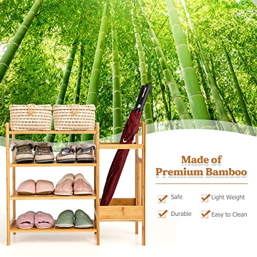 COSTWAY 4-Tier Bamboo Shoe Rack with Umbrella Holder, Freestanding Wooden Shoe Shelf Storage Stand, Home Hallway Entryway Shoes Organiser Unit 5 COSTWAY 4-Tier Bamboo Shoe Rack with Umbrella Holder, Freestanding Wooden Shoe Shelf Storage Stand, Home Hallway Entryway Shoes Organiser Unit - Image 5