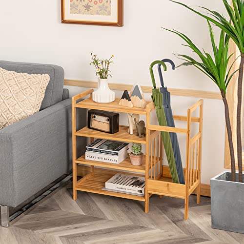 COSTWAY 4-Tier Bamboo Shoe Rack with Umbrella Holder, Freestanding Wooden Shoe Shelf Storage Stand, Home Hallway Entryway Shoes Organiser Unit 7 COSTWAY 4-Tier Bamboo Shoe Rack with Umbrella Holder, Freestanding Wooden Shoe Shelf Storage Stand, Home Hallway Entryway Shoes Organiser Unit - Image 7