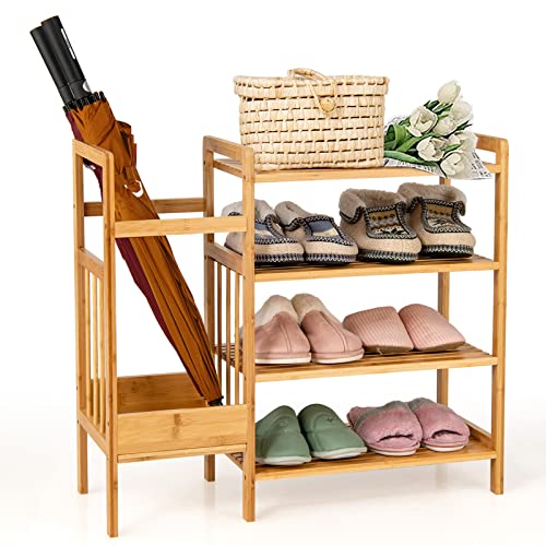 COSTWAY 4-Tier Bamboo Shoe Rack with Umbrella Holder, Freestanding ...