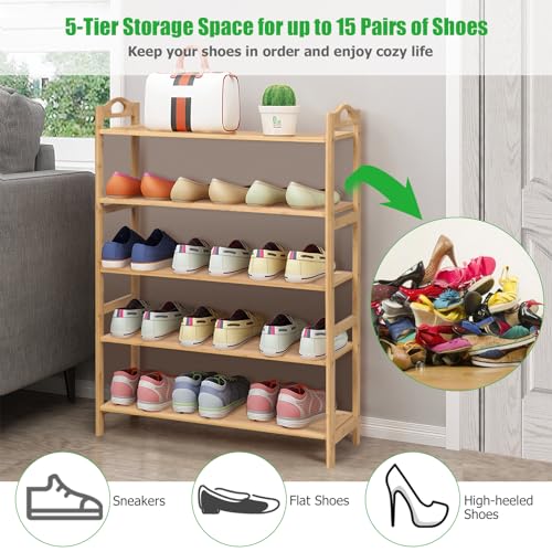 COSTWAY 5-Tier Bamboo Shoe Rack, Freestanding Shoe Shelf Storage Stand with Handles, Shoes Organiser Unit for Hallway, Entryway and Living Room, 67x26x95cm, Natural 2 COSTWAY 5-Tier Bamboo Shoe Rack, Freestanding Shoe Shelf Storage Stand with Handles, Shoes Organiser Unit for Hallway, Entryway and Living Room, 67x26x95cm, Natural - Image 2