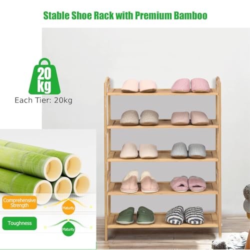 COSTWAY 5-Tier Bamboo Shoe Rack, Freestanding Shoe Shelf Storage Stand with Handles, Shoes Organiser Unit for Hallway, Entryway and Living Room, 67x26x95cm, Natural 3 COSTWAY 5-Tier Bamboo Shoe Rack, Freestanding Shoe Shelf Storage Stand with Handles, Shoes Organiser Unit for Hallway, Entryway and Living Room, 67x26x95cm, Natural - Image 3