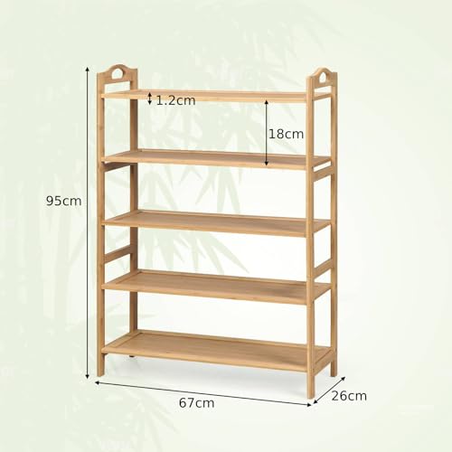 COSTWAY 5-Tier Bamboo Shoe Rack, Freestanding Shoe Shelf Storage Stand with Handles, Shoes Organiser Unit for Hallway, Entryway and Living Room, 67x26x95cm, Natural 5 COSTWAY 5-Tier Bamboo Shoe Rack, Freestanding Shoe Shelf Storage Stand with Handles, Shoes Organiser Unit for Hallway, Entryway and Living Room, 67x26x95cm, Natural - Image 5