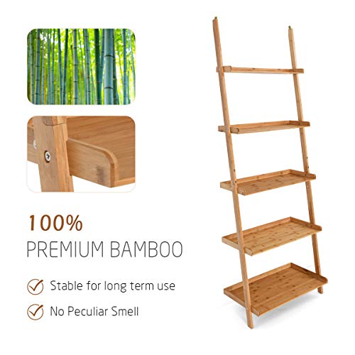COSTWAY 5 Tier Ladder Shelf, Bamboo Leaning Wall Rack Bookcase, Display Storage Shelving Unit Flower Plant Stand for Living Room, Kitchen and Bathroom (with Raised Baffle, 64 x 45 x 181cm) 3 COSTWAY 5 Tier Ladder Shelf, Bamboo Leaning Wall Rack Bookcase, Display Storage Shelving Unit Flower Plant Stand for Living Room, Kitchen and Bathroom (with Raised Baffle, 64 x 45 x 181cm) - Image 3