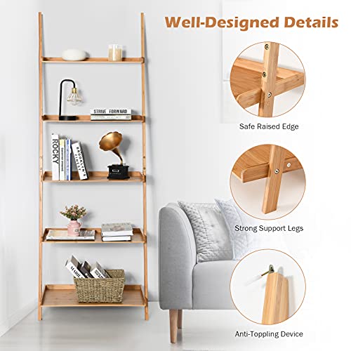 COSTWAY 5 Tier Ladder Shelf, Bamboo Leaning Wall Rack Bookcase, Display Storage Shelving Unit Flower Plant Stand for Living Room, Kitchen and Bathroom (with Raised Baffle, 64 x 45 x 181cm) 5 COSTWAY 5 Tier Ladder Shelf, Bamboo Leaning Wall Rack Bookcase, Display Storage Shelving Unit Flower Plant Stand for Living Room, Kitchen and Bathroom (with Raised Baffle, 64 x 45 x 181cm) - Image 5