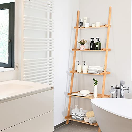 COSTWAY 5 Tier Ladder Shelf, Bamboo Leaning Wall Rack Bookcase, Display Storage Shelving Unit Flower Plant Stand for Living Room, Kitchen and Bathroom (with Raised Baffle, 64 x 45 x 181cm) 6 COSTWAY 5 Tier Ladder Shelf, Bamboo Leaning Wall Rack Bookcase, Display Storage Shelving Unit Flower Plant Stand for Living Room, Kitchen and Bathroom (with Raised Baffle, 64 x 45 x 181cm) - Image 6
