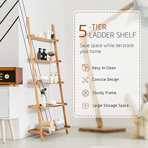 COSTWAY 5 Tier Ladder Shelf, Bamboo Leaning Wall Rack Bookcase, Display Storage Shelving Unit Flower Plant Stand for Living Room, Kitchen and Bathroom (with Raised Baffle, 64 x 45 x 181cm) 7 COSTWAY 5 Tier Ladder Shelf, Bamboo Leaning Wall Rack Bookcase, Display Storage Shelving Unit Flower Plant Stand for Living Room, Kitchen and Bathroom (with Raised Baffle, 64 x 45 x 181cm) - Image 7