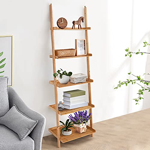 COSTWAY 5 Tier Ladder Shelf, Bamboo Leaning Wall Rack Bookcase, Display Storage Shelving Unit Flower Plant Stand for Living Room, Kitchen and Bathroom (with Raised Baffle, 64 x 45 x 181cm) 2 COSTWAY 5 Tier Ladder Shelf, Bamboo Leaning Wall Rack Bookcase, Display Storage Shelving Unit Flower Plant Stand for Living Room, Kitchen and Bathroom (with Raised Baffle, 64 x 45 x 181cm) - Image 2