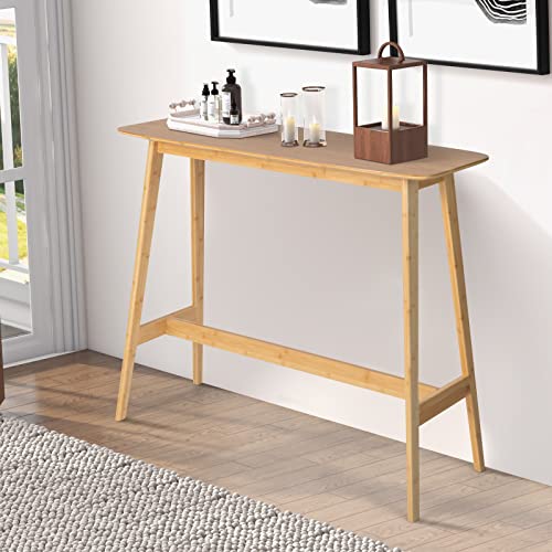 COSTWAY Bamboo Bar Table, 120x45x99cm Rectangular Counter Breakfast Dining High Tables with Footrest & Footpads, Easy Assembly Coffee Tables for Small Space Kitchen Living Room Pub 2 COSTWAY Bamboo Bar Table, 120x45x99cm Rectangular Counter Breakfast Dining High Tables with Footrest & Footpads, Easy Assembly Coffee Tables for Small Space Kitchen Living Room Pub - Image 2
