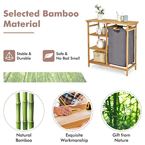 COSTWAY Bamboo Laundry Basket, 2-Section Floor Washing Dirty Clothes Laundry Hamper with Removable Pull-Out Bags & Top Shelf, Bathroom Laundry Bin Sorter Organiser Unit (1 Fabric Bag+3 Tier Shelves) 2 COSTWAY Bamboo Laundry Basket, 2-Section Floor Washing Dirty Clothes Laundry Hamper with Removable Pull-Out Bags & Top Shelf, Bathroom Laundry Bin Sorter Organiser Unit (1 Fabric Bag+3 Tier Shelves) - Image 2