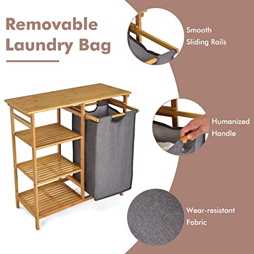 COSTWAY Bamboo Laundry Basket, 2-Section Floor Washing Dirty Clothes Laundry Hamper with Removable Pull-Out Bags & Top Shelf, Bathroom Laundry Bin Sorter Organiser Unit (1 Fabric Bag+3 Tier Shelves) 4 COSTWAY Bamboo Laundry Basket, 2-Section Floor Washing Dirty Clothes Laundry Hamper with Removable Pull-Out Bags & Top Shelf, Bathroom Laundry Bin Sorter Organiser Unit (1 Fabric Bag+3 Tier Shelves) - Image 4