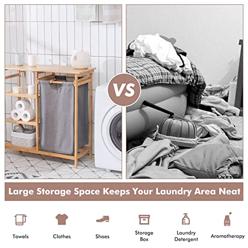COSTWAY Bamboo Laundry Basket, 2-Section Floor Washing Dirty Clothes Laundry Hamper with Removable Pull-Out Bags & Top Shelf, Bathroom Laundry Bin Sorter Organiser Unit (1 Fabric Bag+3 Tier Shelves) 5 COSTWAY Bamboo Laundry Basket, 2-Section Floor Washing Dirty Clothes Laundry Hamper with Removable Pull-Out Bags & Top Shelf, Bathroom Laundry Bin Sorter Organiser Unit (1 Fabric Bag+3 Tier Shelves) - Image 5