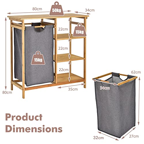 COSTWAY Bamboo Laundry Basket, 2-Section Floor Washing Dirty Clothes Laundry Hamper with Removable Pull-Out Bags & Top Shelf, Bathroom Laundry Bin Sorter Organiser Unit (1 Fabric Bag+3 Tier Shelves) 6 COSTWAY Bamboo Laundry Basket, 2-Section Floor Washing Dirty Clothes Laundry Hamper with Removable Pull-Out Bags & Top Shelf, Bathroom Laundry Bin Sorter Organiser Unit (1 Fabric Bag+3 Tier Shelves) - Image 6