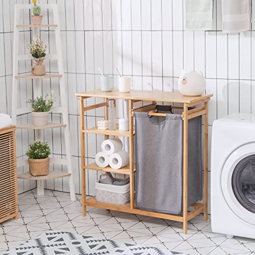 COSTWAY Bamboo Laundry Basket, 2-Section Floor Washing Dirty Clothes Laundry Hamper with Removable Pull-Out Bags & Top Shelf, Bathroom Laundry Bin Sorter Organiser Unit (1 Fabric Bag+3 Tier Shelves) 7 COSTWAY Bamboo Laundry Basket, 2-Section Floor Washing Dirty Clothes Laundry Hamper with Removable Pull-Out Bags & Top Shelf, Bathroom Laundry Bin Sorter Organiser Unit (1 Fabric Bag+3 Tier Shelves) - Image 7