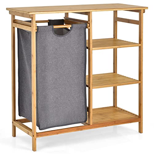 COSTWAY Bamboo Laundry Basket, 2-Section Floor Washing Dirty Clothes Laundry Hamper with Removable Pull-Out Bags & Top Shelf, Bathroom Laundry Bin Sorter Organiser Unit (1 Fabric Bag+3 Tier Shelves) 1 COSTWAY Bamboo Laundry Basket, 2-Section Floor Washing Dirty Clothes Laundry Hamper with Removable Pull-Out Bags & Top Shelf, Bathroom Laundry Bin Sorter Organiser Unit (1 Fabric Bag+3 Tier Shelves)