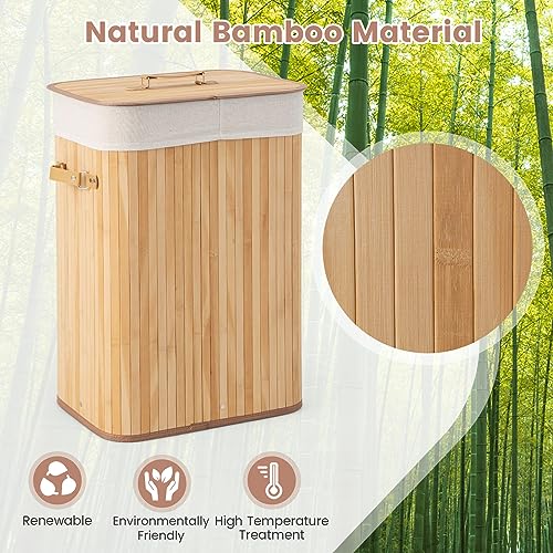 COSTWAY Bamboo Laundry Basket, 72L Collapsible Laundry Hamper with Lid, Handles & Removable Washable Liner Bag, Foldable Dirty Clothes Storage Bin Washing Basket Organiser for Bathroom (Natural) 2 COSTWAY Bamboo Laundry Basket, 72L Collapsible Laundry Hamper with Lid, Handles & Removable Washable Liner Bag, Foldable Dirty Clothes Storage Bin Washing Basket Organiser for Bathroom (Natural) - Image 2