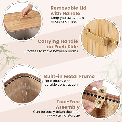 COSTWAY Bamboo Laundry Basket, 72L Collapsible Laundry Hamper with Lid, Handles & Removable Washable Liner Bag, Foldable Dirty Clothes Storage Bin Washing Basket Organiser for Bathroom (Natural) 4 COSTWAY Bamboo Laundry Basket, 72L Collapsible Laundry Hamper with Lid, Handles & Removable Washable Liner Bag, Foldable Dirty Clothes Storage Bin Washing Basket Organiser for Bathroom (Natural) - Image 4