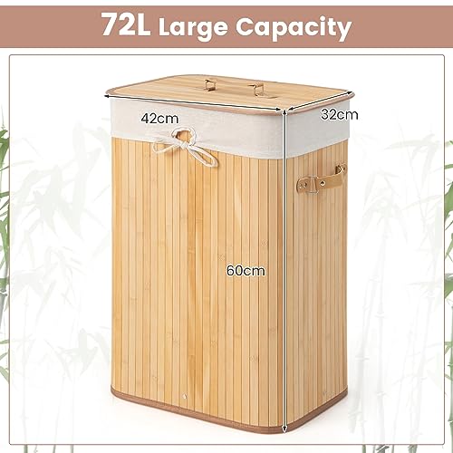 COSTWAY Bamboo Laundry Basket, 72L Collapsible Laundry Hamper with Lid, Handles & Removable Washable Liner Bag, Foldable Dirty Clothes Storage Bin Washing Basket Organiser for Bathroom (Natural) 5 COSTWAY Bamboo Laundry Basket, 72L Collapsible Laundry Hamper with Lid, Handles & Removable Washable Liner Bag, Foldable Dirty Clothes Storage Bin Washing Basket Organiser for Bathroom (Natural) - Image 5