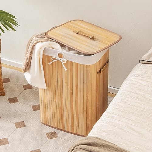 COSTWAY Bamboo Laundry Basket, 72L Collapsible Laundry Hamper with Lid, Handles & Removable Washable Liner Bag, Foldable Dirty Clothes Storage Bin Washing Basket Organiser for Bathroom (Natural) 6 COSTWAY Bamboo Laundry Basket, 72L Collapsible Laundry Hamper with Lid, Handles & Removable Washable Liner Bag, Foldable Dirty Clothes Storage Bin Washing Basket Organiser for Bathroom (Natural) - Image 6