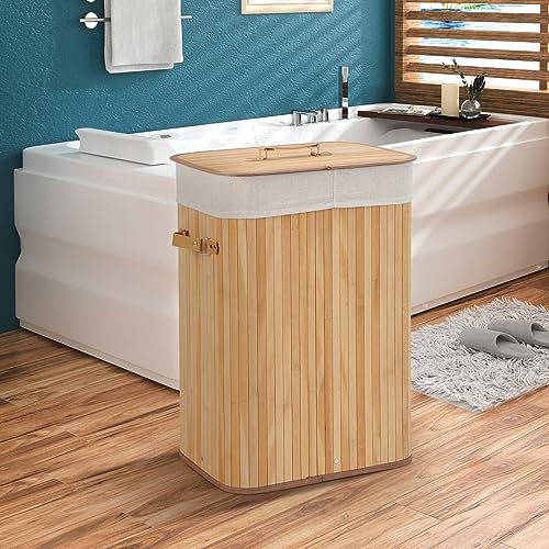 COSTWAY Bamboo Laundry Basket, 72L Collapsible Laundry Hamper with Lid, Handles & Removable Washable Liner Bag, Foldable Dirty Clothes Storage Bin Washing Basket Organiser for Bathroom (Natural) 7 COSTWAY Bamboo Laundry Basket, 72L Collapsible Laundry Hamper with Lid, Handles & Removable Washable Liner Bag, Foldable Dirty Clothes Storage Bin Washing Basket Organiser for Bathroom (Natural) - Image 7