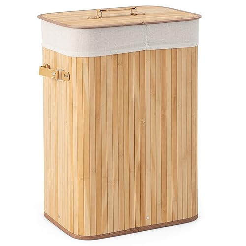 COSTWAY Bamboo Laundry Basket, 72L Collapsible Laundry Hamper with Lid, Handles & Removable Washable Liner Bag, Foldable Dirty Clothes Storage Bin Washing Basket Organiser for Bathroom (Natural) 1 COSTWAY Bamboo Laundry Basket, 72L Collapsible Laundry Hamper with Lid, Handles & Removable Washable Liner Bag, Foldable Dirty Clothes Storage Bin Washing Basket Organiser for Bathroom (Natural)