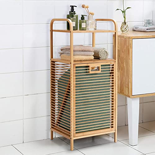 COSTWAY Bamboo Laundry Basket, Bathroom Shelf Laundry Hamper with Removable Pull-Out Bag and Storage Shelf, Floor Washing Dirty Clothes Basket Organiser Unit, 40x33x95/160cm (2-Tier Shelves) 2 COSTWAY Bamboo Laundry Basket, Bathroom Shelf Laundry Hamper with Removable Pull-Out Bag and Storage Shelf, Floor Washing Dirty Clothes Basket Organiser Unit, 40x33x95/160cm (2-Tier Shelves) - Image 2