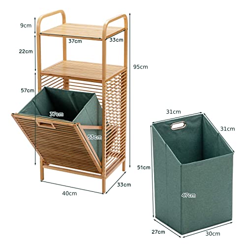 COSTWAY Bamboo Laundry Basket, Bathroom Shelf Laundry Hamper with Removable Pull-Out Bag and Storage Shelf, Floor Washing Dirty Clothes Basket Organiser Unit, 40x33x95/160cm (2-Tier Shelves) 3 COSTWAY Bamboo Laundry Basket, Bathroom Shelf Laundry Hamper with Removable Pull-Out Bag and Storage Shelf, Floor Washing Dirty Clothes Basket Organiser Unit, 40x33x95/160cm (2-Tier Shelves) - Image 3