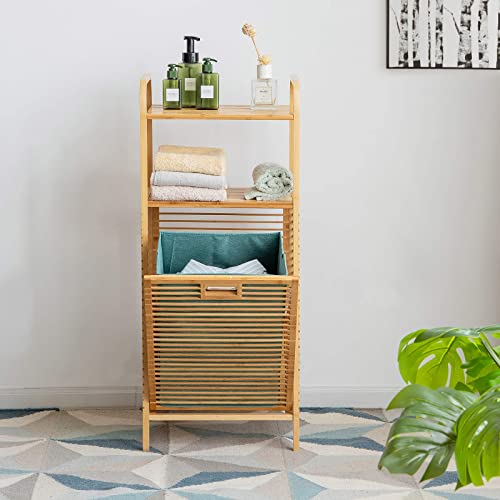 COSTWAY Bamboo Laundry Basket, Bathroom Shelf Laundry Hamper with Removable Pull-Out Bag and Storage Shelf, Floor Washing Dirty Clothes Basket Organiser Unit, 40x33x95/160cm (2-Tier Shelves) 6 COSTWAY Bamboo Laundry Basket, Bathroom Shelf Laundry Hamper with Removable Pull-Out Bag and Storage Shelf, Floor Washing Dirty Clothes Basket Organiser Unit, 40x33x95/160cm (2-Tier Shelves) - Image 6