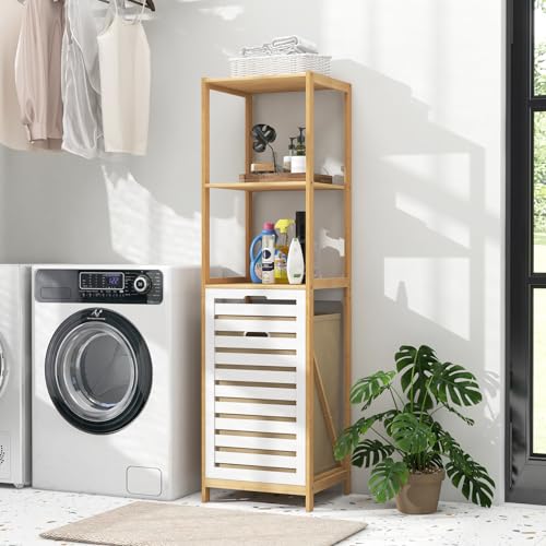 COSTWAY Bamboo Laundry Basket, Tilt-Out Laundry Hamper with Removable Pull-Out Liner Bag and Storage Shelves, Dirty Clothes Bin Washing Basket Organiser for Bathroom Bedroom, 36x33x130cm 2 COSTWAY Bamboo Laundry Basket, Tilt-Out Laundry Hamper with Removable Pull-Out Liner Bag and Storage Shelves, Dirty Clothes Bin Washing Basket Organiser for Bathroom Bedroom, 36x33x130cm - Image 2