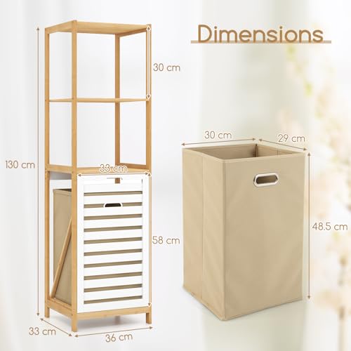 COSTWAY Bamboo Laundry Basket, Tilt-Out Laundry Hamper with Removable Pull-Out Liner Bag and Storage Shelves, Dirty Clothes Bin Washing Basket Organiser for Bathroom Bedroom, 36x33x130cm 3 COSTWAY Bamboo Laundry Basket, Tilt-Out Laundry Hamper with Removable Pull-Out Liner Bag and Storage Shelves, Dirty Clothes Bin Washing Basket Organiser for Bathroom Bedroom, 36x33x130cm - Image 3