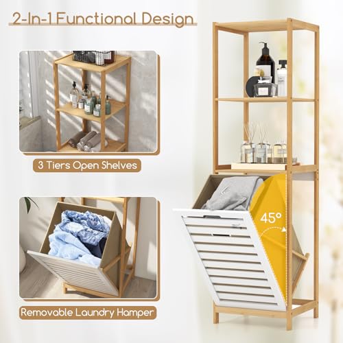 COSTWAY Bamboo Laundry Basket, Tilt-Out Laundry Hamper with Removable Pull-Out Liner Bag and Storage Shelves, Dirty Clothes Bin Washing Basket Organiser for Bathroom Bedroom, 36x33x130cm 4 COSTWAY Bamboo Laundry Basket, Tilt-Out Laundry Hamper with Removable Pull-Out Liner Bag and Storage Shelves, Dirty Clothes Bin Washing Basket Organiser for Bathroom Bedroom, 36x33x130cm - Image 4