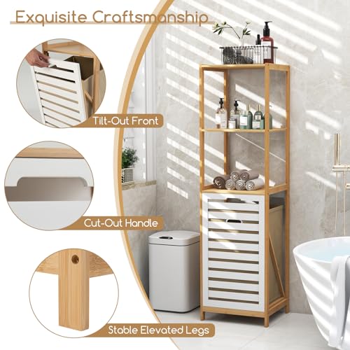 COSTWAY Bamboo Laundry Basket, Tilt-Out Laundry Hamper with Removable Pull-Out Liner Bag and Storage Shelves, Dirty Clothes Bin Washing Basket Organiser for Bathroom Bedroom, 36x33x130cm 7 COSTWAY Bamboo Laundry Basket, Tilt-Out Laundry Hamper with Removable Pull-Out Liner Bag and Storage Shelves, Dirty Clothes Bin Washing Basket Organiser for Bathroom Bedroom, 36x33x130cm - Image 7