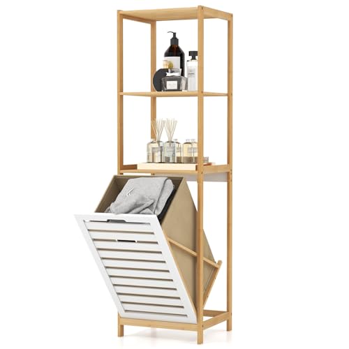 COSTWAY Bamboo Laundry Basket, Tilt-Out Laundry Hamper with Removable Pull-Out Liner Bag and Storage Shelves, Dirty Clothes Bin Washing Basket Organiser for Bathroom Bedroom, 36x33x130cm 1 COSTWAY Bamboo Laundry Basket, Tilt-Out Laundry Hamper with Removable Pull-Out Liner Bag and Storage Shelves, Dirty Clothes Bin Washing Basket Organiser for Bathroom Bedroom, 36x33x130cm