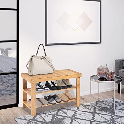 COSTWAY Bamboo Shoe Bench, 3-Tier Shoe Rack Stand Seater, Shoes Organizer Storage Shelf for Entryway, Hallway and Living Room, 70 x 28 x 45cm (Natural) 2 COSTWAY Bamboo Shoe Bench, 3-Tier Shoe Rack Stand Seater, Shoes Organizer Storage Shelf for Entryway, Hallway and Living Room, 70 x 28 x 45cm (Natural) - Image 2