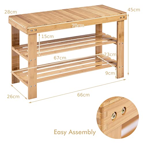 COSTWAY Bamboo Shoe Bench, 3-Tier Shoe Rack Stand Seater, Shoes Organizer Storage Shelf for Entryway, Hallway and Living Room, 70 x 28 x 45cm (Natural) 3 COSTWAY Bamboo Shoe Bench, 3-Tier Shoe Rack Stand Seater, Shoes Organizer Storage Shelf for Entryway, Hallway and Living Room, 70 x 28 x 45cm (Natural) - Image 3
