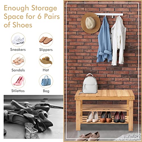 COSTWAY Bamboo Shoe Bench, 3-Tier Shoe Rack Stand Seater, Shoes Organizer Storage Shelf for Entryway, Hallway and Living Room, 70 x 28 x 45cm (Natural) 5 COSTWAY Bamboo Shoe Bench, 3-Tier Shoe Rack Stand Seater, Shoes Organizer Storage Shelf for Entryway, Hallway and Living Room, 70 x 28 x 45cm (Natural) - Image 5