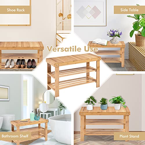 COSTWAY Bamboo Shoe Bench, 3-Tier Shoe Rack Stand Seater, Shoes Organizer Storage Shelf for Entryway, Hallway and Living Room, 70 x 28 x 45cm (Natural) 7 COSTWAY Bamboo Shoe Bench, 3-Tier Shoe Rack Stand Seater, Shoes Organizer Storage Shelf for Entryway, Hallway and Living Room, 70 x 28 x 45cm (Natural) - Image 7