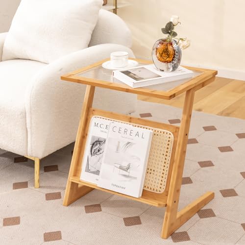 COSTWAY Bamboo Side Table, Tempered Glass Sofa End Table Nightstand with Rattan Magazine Shelf, Z-Shaped Small Bedside Table Accent Tea Table for Living Room and Bedroom (Z-Shaped Legs, Natural) 2 COSTWAY Bamboo Side Table, Tempered Glass Sofa End Table Nightstand with Rattan Magazine Shelf, Z-Shaped Small Bedside Table Accent Tea Table for Living Room and Bedroom (Z-Shaped Legs, Natural) - Image 2