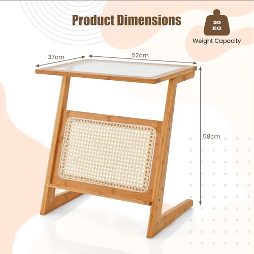 COSTWAY Bamboo Side Table, Tempered Glass Sofa End Table Nightstand with Rattan Magazine Shelf, Z-Shaped Small Bedside Table Accent Tea Table for Living Room and Bedroom (Z-Shaped Legs, Natural) 3 COSTWAY Bamboo Side Table, Tempered Glass Sofa End Table Nightstand with Rattan Magazine Shelf, Z-Shaped Small Bedside Table Accent Tea Table for Living Room and Bedroom (Z-Shaped Legs, Natural) - Image 3
