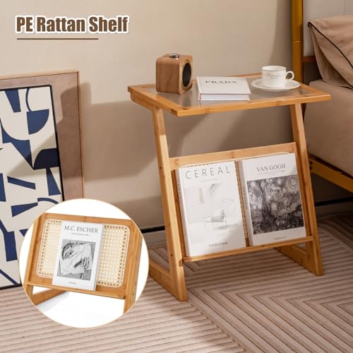 COSTWAY Bamboo Side Table, Tempered Glass Sofa End Table Nightstand with Rattan Magazine Shelf, Z-Shaped Small Bedside Table Accent Tea Table for Living Room and Bedroom (Z-Shaped Legs, Natural) 5 COSTWAY Bamboo Side Table, Tempered Glass Sofa End Table Nightstand with Rattan Magazine Shelf, Z-Shaped Small Bedside Table Accent Tea Table for Living Room and Bedroom (Z-Shaped Legs, Natural) - Image 5