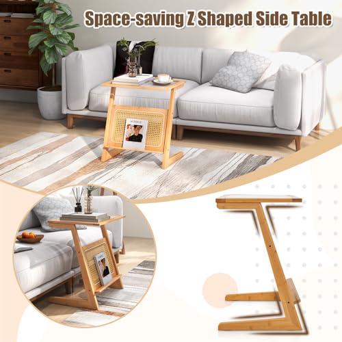 COSTWAY Bamboo Side Table, Tempered Glass Sofa End Table Nightstand with Rattan Magazine Shelf, Z-Shaped Small Bedside Table Accent Tea Table for Living Room and Bedroom (Z-Shaped Legs, Natural) 6 COSTWAY Bamboo Side Table, Tempered Glass Sofa End Table Nightstand with Rattan Magazine Shelf, Z-Shaped Small Bedside Table Accent Tea Table for Living Room and Bedroom (Z-Shaped Legs, Natural) - Image 6