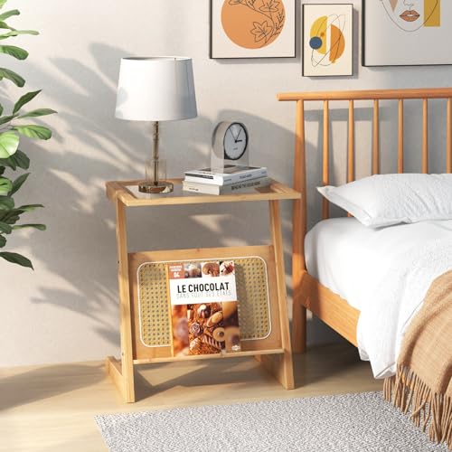 COSTWAY Bamboo Side Table, Tempered Glass Sofa End Table Nightstand with Rattan Magazine Shelf, Z-Shaped Small Bedside Table Accent Tea Table for Living Room and Bedroom (Z-Shaped Legs, Natural) 7 COSTWAY Bamboo Side Table, Tempered Glass Sofa End Table Nightstand with Rattan Magazine Shelf, Z-Shaped Small Bedside Table Accent Tea Table for Living Room and Bedroom (Z-Shaped Legs, Natural) - Image 7