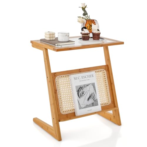 COSTWAY Bamboo Side Table, Tempered Glass Sofa End Table Nightstand with Rattan Magazine Shelf, Z-Shaped Small Bedside Table Accent Tea Table for Living Room and Bedroom (Z-Shaped Legs, Natural) 1 COSTWAY Bamboo Side Table, Tempered Glass Sofa End Table Nightstand with Rattan Magazine Shelf, Z-Shaped Small Bedside Table Accent Tea Table for Living Room and Bedroom (Z-Shaped Legs, Natural)
