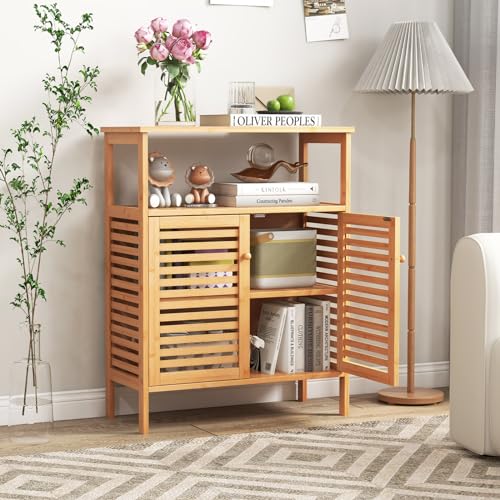 COSTWAY Bathroom Floor Cabinet, Bamboo Freestanding Storage Cupboard with Double Louvered Doors and Open Shelf, Side Cabinet Display Organiser Unit for Living Room Kitchen Hallway 2 COSTWAY Bathroom Floor Cabinet, Bamboo Freestanding Storage Cupboard with Double Louvered Doors and Open Shelf, Side Cabinet Display Organiser Unit for Living Room Kitchen Hallway - Image 2