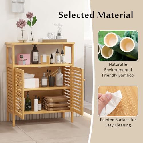 COSTWAY Bathroom Floor Cabinet, Bamboo Freestanding Storage Cupboard with Double Louvered Doors and Open Shelf, Side Cabinet Display Organiser Unit for Living Room Kitchen Hallway 4 COSTWAY Bathroom Floor Cabinet, Bamboo Freestanding Storage Cupboard with Double Louvered Doors and Open Shelf, Side Cabinet Display Organiser Unit for Living Room Kitchen Hallway - Image 4