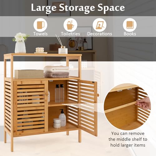 COSTWAY Bathroom Floor Cabinet, Bamboo Freestanding Storage Cupboard with Double Louvered Doors and Open Shelf, Side Cabinet Display Organiser Unit for Living Room Kitchen Hallway 5 COSTWAY Bathroom Floor Cabinet, Bamboo Freestanding Storage Cupboard with Double Louvered Doors and Open Shelf, Side Cabinet Display Organiser Unit for Living Room Kitchen Hallway - Image 5