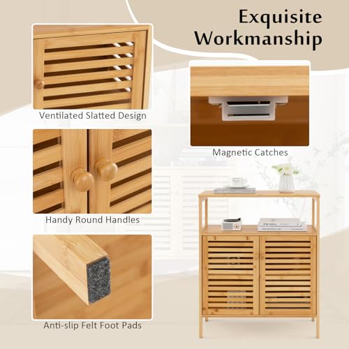 COSTWAY Bathroom Floor Cabinet, Bamboo Freestanding Storage Cupboard with Double Louvered Doors and Open Shelf, Side Cabinet Display Organiser Unit for Living Room Kitchen Hallway 6 COSTWAY Bathroom Floor Cabinet, Bamboo Freestanding Storage Cupboard with Double Louvered Doors and Open Shelf, Side Cabinet Display Organiser Unit for Living Room Kitchen Hallway - Image 6