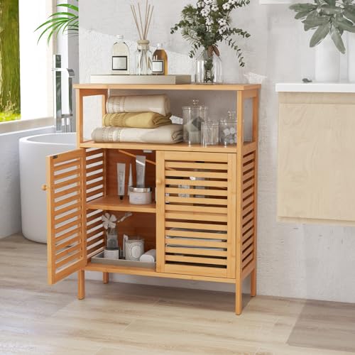 COSTWAY Bathroom Floor Cabinet, Bamboo Freestanding Storage Cupboard with Double Louvered Doors and Open Shelf, Side Cabinet Display Organiser Unit for Living Room Kitchen Hallway 7 COSTWAY Bathroom Floor Cabinet, Bamboo Freestanding Storage Cupboard with Double Louvered Doors and Open Shelf, Side Cabinet Display Organiser Unit for Living Room Kitchen Hallway - Image 7