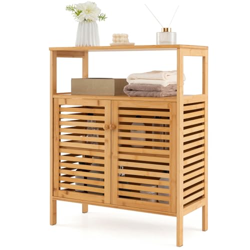 COSTWAY Bathroom Floor Cabinet, Bamboo Freestanding Storage Cupboard with Double Louvered Doors and Open Shelf, Side Cabinet Display Organiser Unit for Living Room Kitchen Hallway 1 COSTWAY Bathroom Floor Cabinet, Bamboo Freestanding Storage Cupboard with Double Louvered Doors and Open Shelf, Side Cabinet Display Organiser Unit for Living Room Kitchen Hallway