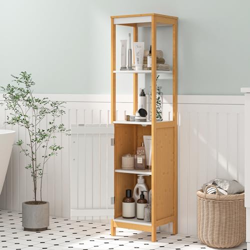 COSTWAY Bathroom Tall Cabinet, Freestanding Storage Cupboard with Open/Adjustable Shelves and Door, Bamboo Narrow Slim Bathroom Floor Cabinet Unit for Living Room Hallway, 30x30x129cm, Natural+White 2 COSTWAY Bathroom Tall Cabinet, Freestanding Storage Cupboard with Open/Adjustable Shelves and Door, Bamboo Narrow Slim Bathroom Floor Cabinet Unit for Living Room Hallway, 30x30x129cm, Natural+White - Image 2